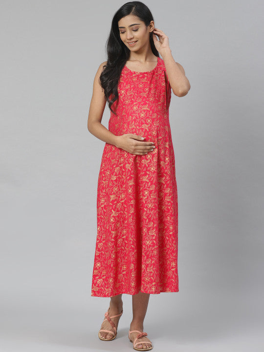 Women White & Pink Pure Cotton Printed Maternity Layered A-Line Dress