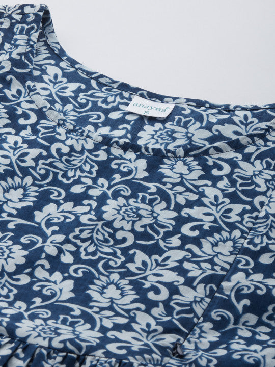 anayna Blue & White Ethnic Motifs Printed Cotton Maternity A-Line Dress with Ethnic Jacket