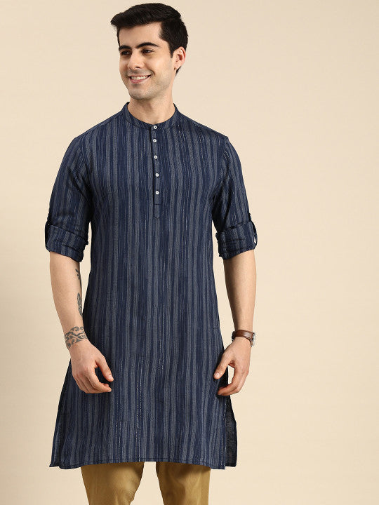 Anouk Men Navy Blue & Gold-Toned Striped Mandarin-Collar Indigo Kurta