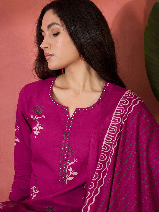 Sangria Floral Printed Pure Cotton Kurta & Trousers With Dupatta