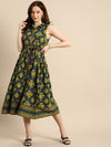 All about you Green & Yellow Floral Pure Cotton Sleevless Gathered Midi Dress