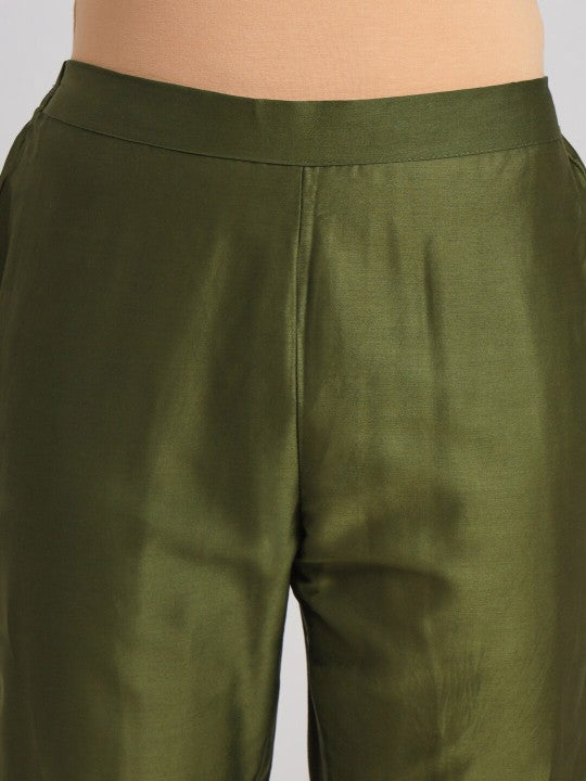 Tikhi Imli Olive Green Floral Embroidered Straight Kurta With Trousers & Dupatta