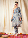 Shae by Sassafras Grey Ethnic Motifs Printed One Shoulder Kaftan Kurta