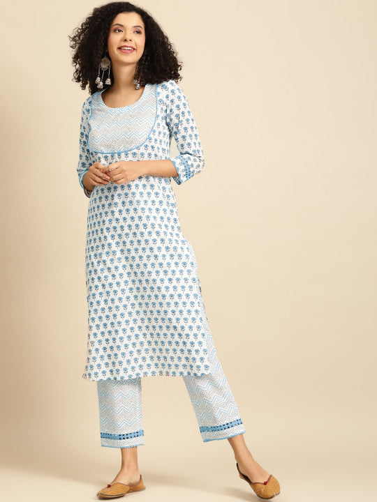 anayna Women White & Blue Printed Kurta with Trousers