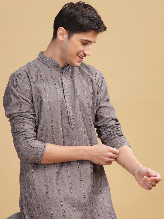 Anouk Grey Ethnic Embroidered Mandarin Collar Sequinned Lucknowi Cotton Straight Kurta