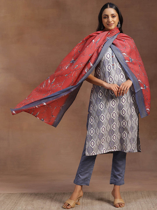 Ethnic Motifs Printed V-Neck Kurta with Trousers & With Dupatta