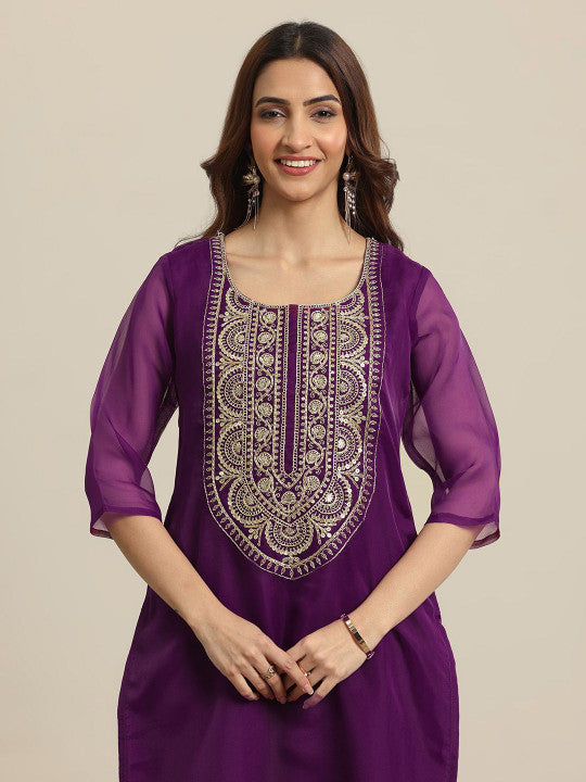 Libas Women Ethnic Motifs Yoke Design Regular Thread Work Kurta with Trousers & With Dupatta