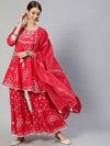 ISHIN womens Cotton Blend Red Embroidered Anarkali Peplum Kurta Sharara Dupatta (Set of 3)