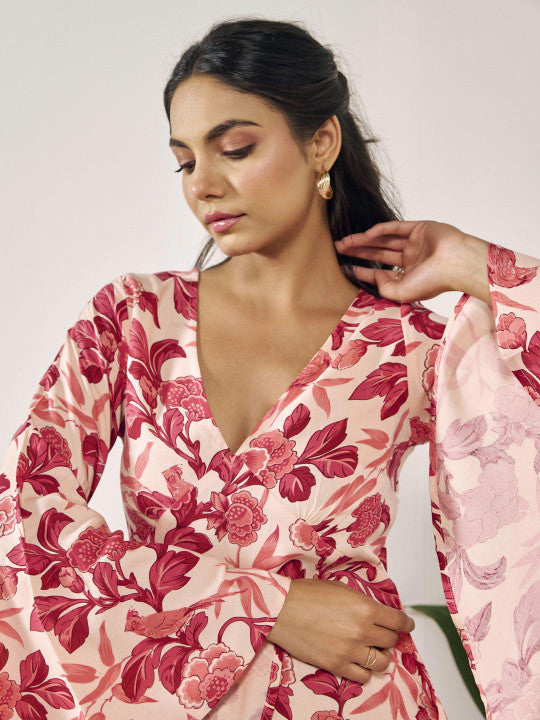 Floral Print Flared Sleeve A-Line Dress