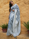 Janasya Grey & Silver-Toned Floral Woven Design Zari Saree