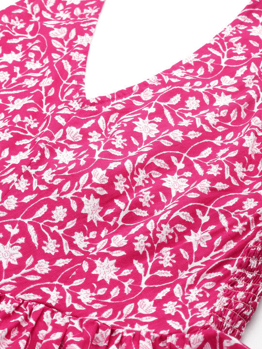 anayna Floral Print Halter Neck Fit & Flare Pure Cotton Midi Dress