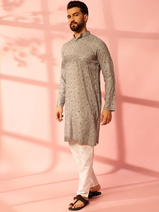 Geometric Embroidered Mirror Work Cotton Straight Kurta