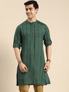 Anouk Men Green & Gold Toned Striped Mandarin Collar Kurta