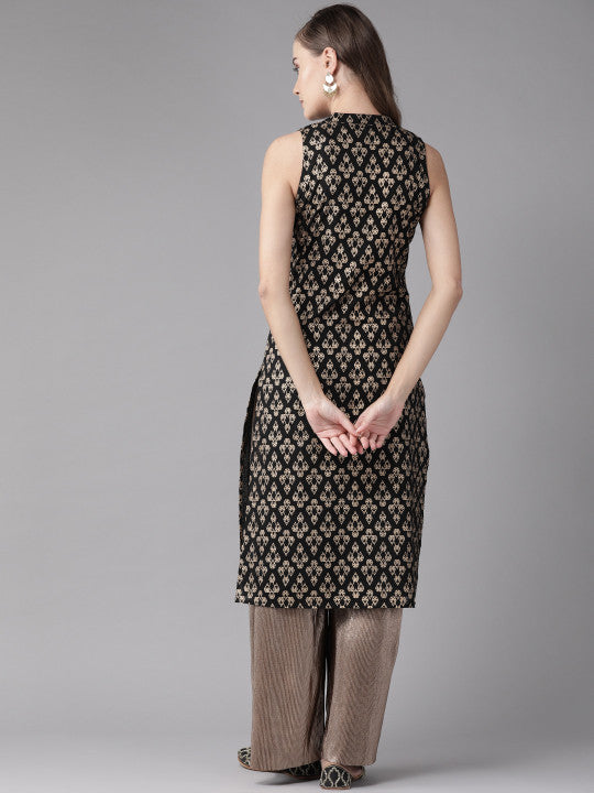 Women Black & Golden Printed Straight Kurta