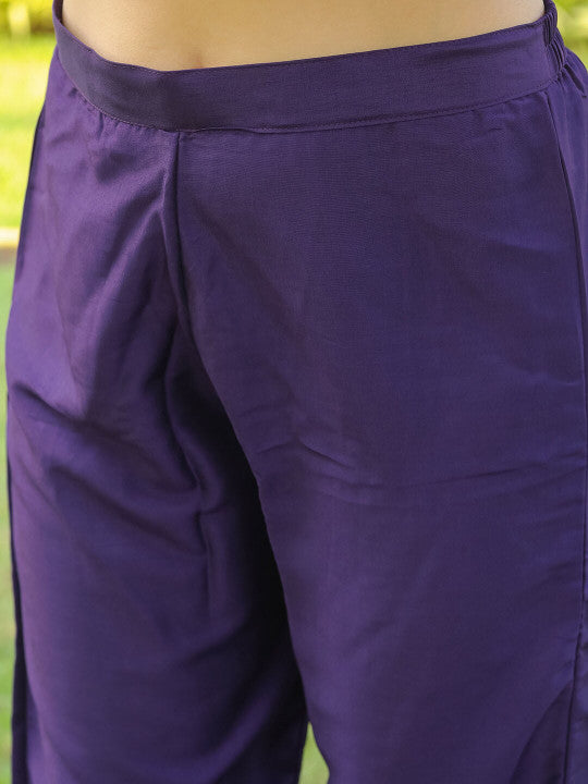 Purple Embroidered Regular Straight Kurta with Trousers & Dupatta