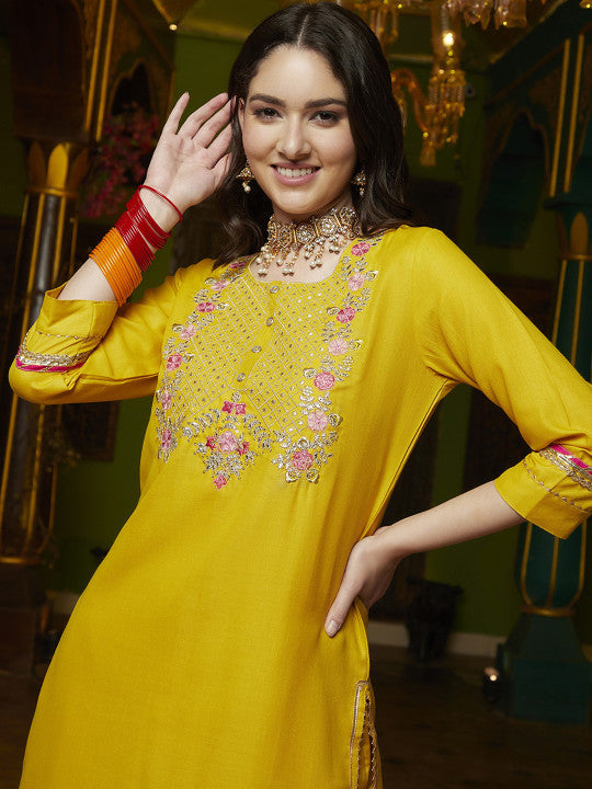 Sangria Yellow Floral Embroidered Gotta Patti Straight Kurta & Trouser With Dupatta