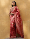 Janasya Red & Gold-Toned Ethnic Motifs Woven Design Zari Organza Kanjeevaram Saree