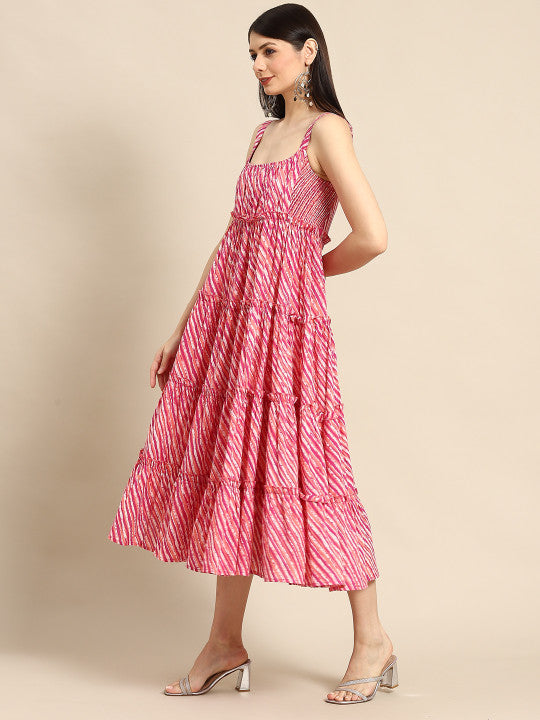 anayna Pink & White Leheriya Printed Ruffle Pure Cotton Tiered A-Line Midi Dress