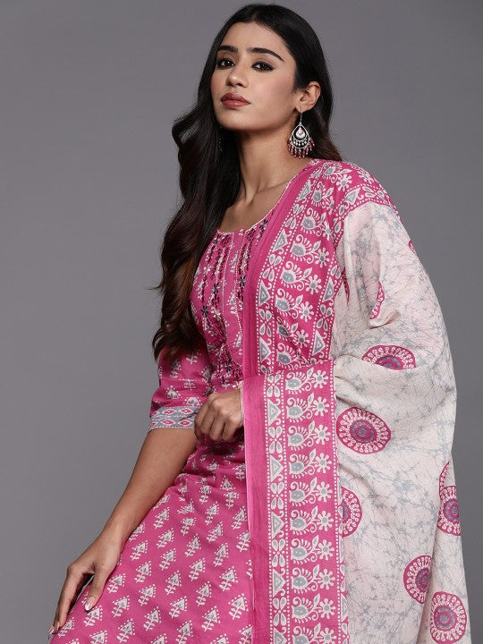 Libas Ethnic Motifs Printed Mirror Work Pure Cotton Kurta with Trousers & With Dupatta
