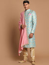 Vastramay Men Blue & Gold-Colored Embellished Sherwani With Dupatta