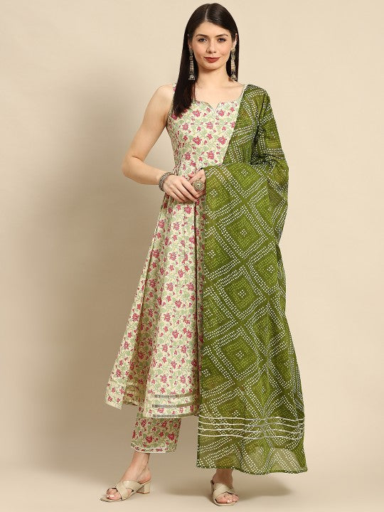 anayna Women Cream-Coloured Ethnic Motifs Pure Cotton Kurta with Trousers & Dupatta