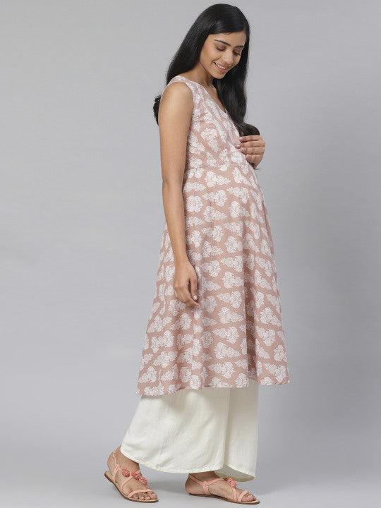 anayna Women Beige & White Printed Anarkali Maternity Kurta