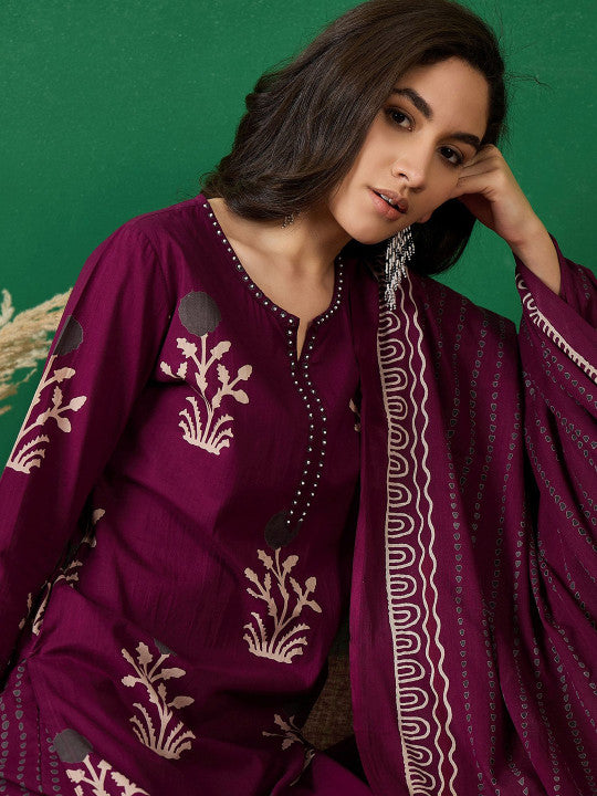 Sangria Printed Pure Cotton Straight Kurta With Trousers & Dupatta