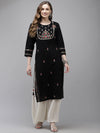 ISHIN womens Cotton Black Embroidered Straight Kurta