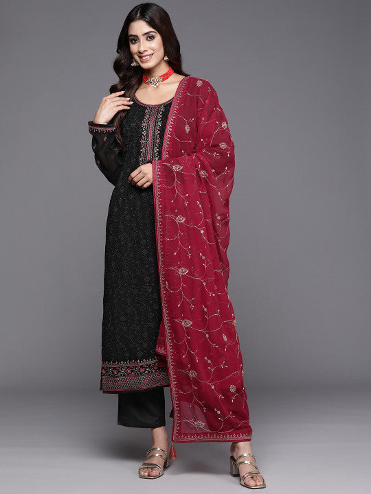 Libas Floral Embroidered Regular Thread Work Georgette Kurta with Trousers & Dupatta