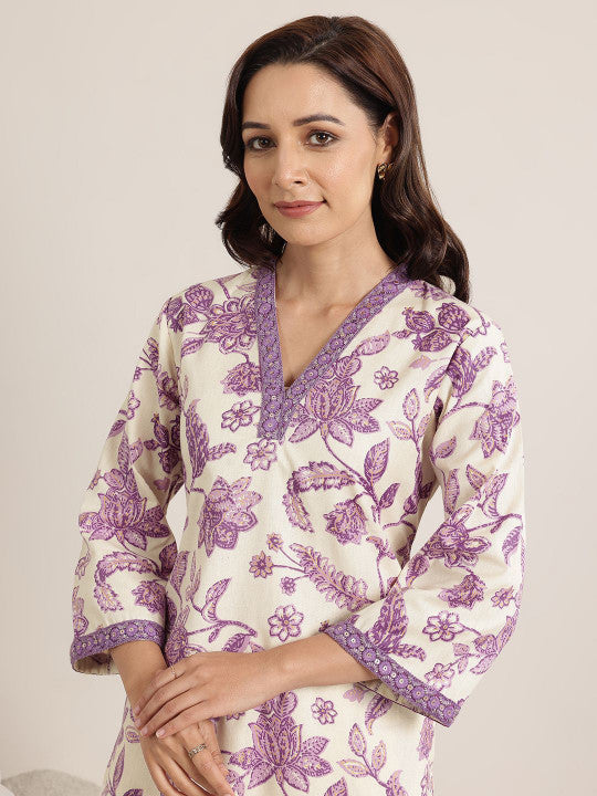 Libas Women Floral Printed Sequins Straight Kurta