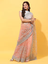 Kasee Peach-Coloured & Grey Floral Embroidered Net Heavy Work Saree