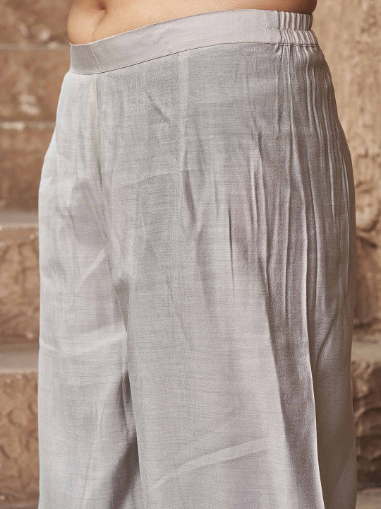 Tikhi Imli Silver Floral Embroidered Thread Work Straight Kurta With Patiala & Dupatta