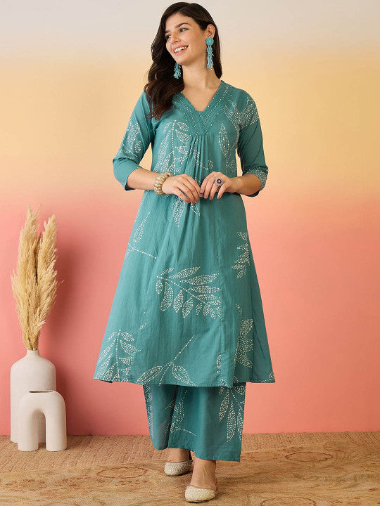 Sangria Blue Floral Printed V-Neck A-Line Pure Cotton Kurta Set