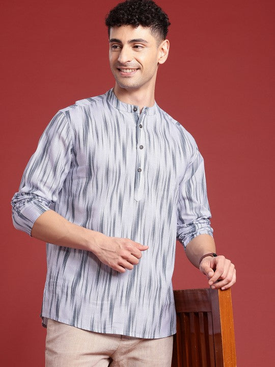 Anouk Men Ikat Printed Mandarin Collar Cotton Short Kurta