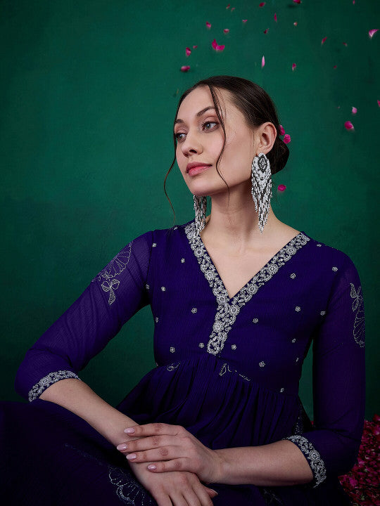 Sangria Floral Printed Embroidered Anarkali Kurta With Trouser