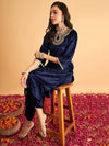 Shae by Sassafras Navy Blue Thread Work Velvet Straight Kurta