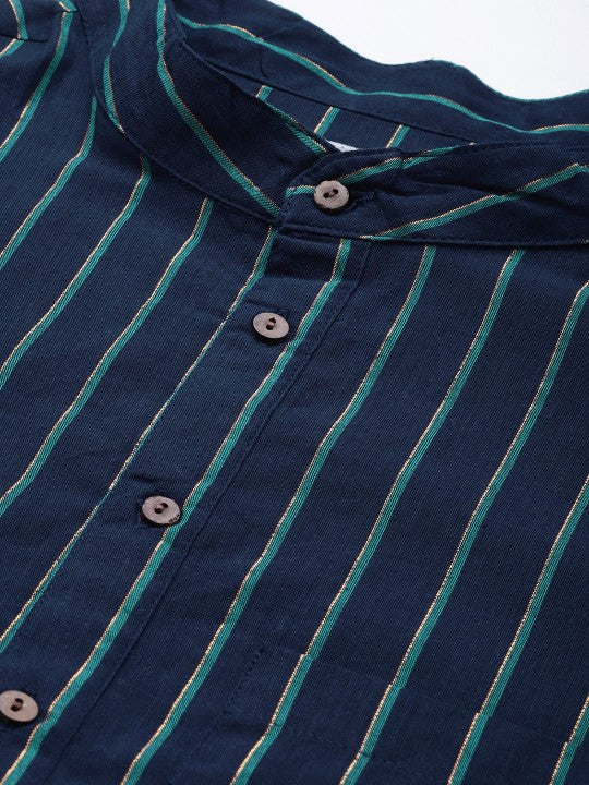 Anouk Men Navy Blue Striped Cotton Kurta
