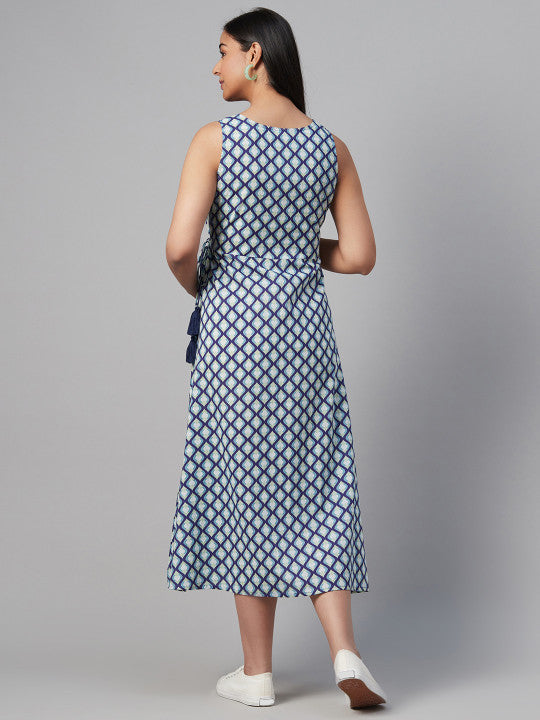 Women Blue & White Printed Maternity Wrap Dress