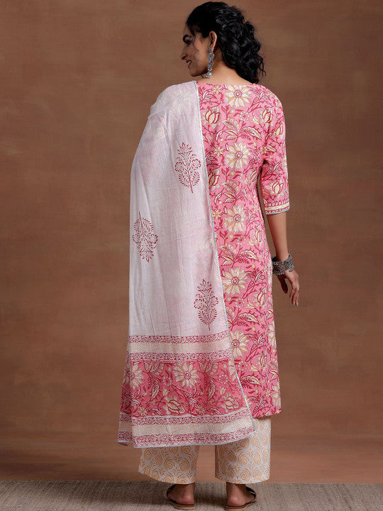 Libas V Neck Floral Printed Gotta Patti Pure Cotton Straight Kurta with Palazzo & Dupatta