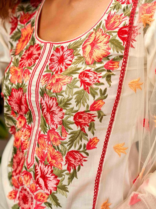 Floral Embroidered Cotton Blend Kurta with Trousers & Dupatta
