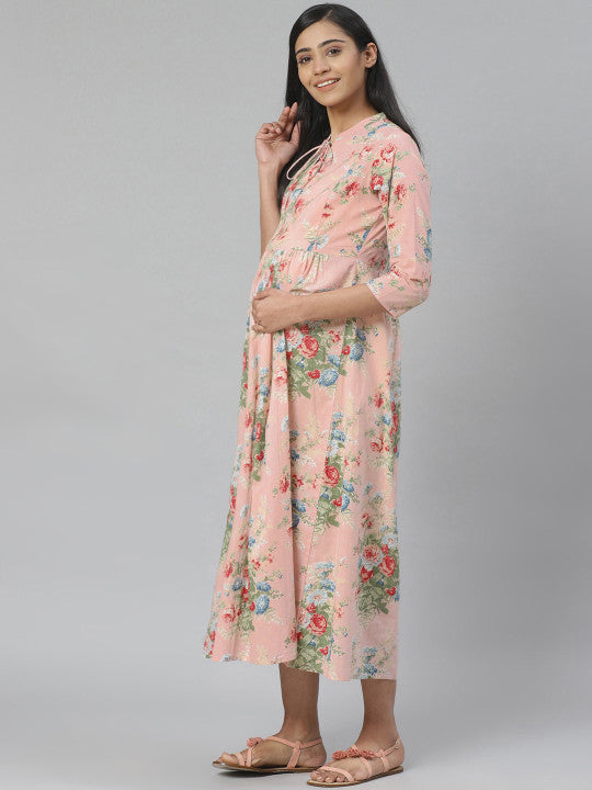 Women Peach-Coloured & Green Floral Printed Pure Cotton Maternity A-Line Dress