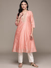 ISHIN Womens Peach Foil Printed Embroidered Silk Flared Kurta