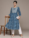 ISHIN Womens Cotton Ethnic Motifs Embroidered Blue A-line Kurta