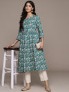 ISHIN Womens Cotton Ethnic Motifs Printed Blue A-line Kurta