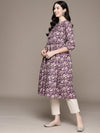 ISHIN Womens Cotton Ethnic Motifs Printed Purple A-line Kurta