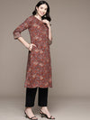 ISHIN Womens Cotton Ethnic Motifs Printed Maroon A-line Kurta