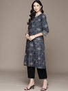 ISHIN Womens Cotton Ethnic Motifs Printed Navy Blue A-line Kurta