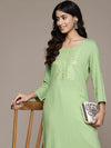 ISHIN Womens Embellished Green Embroidered Straight Kurta