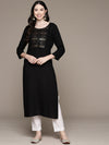 ISHIN Womens Embellished Black Embroidered Straight Kurta