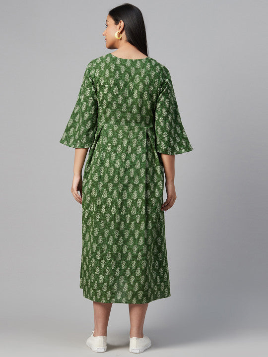 Women Green & Off-White Printed Maternity A-Line Dress